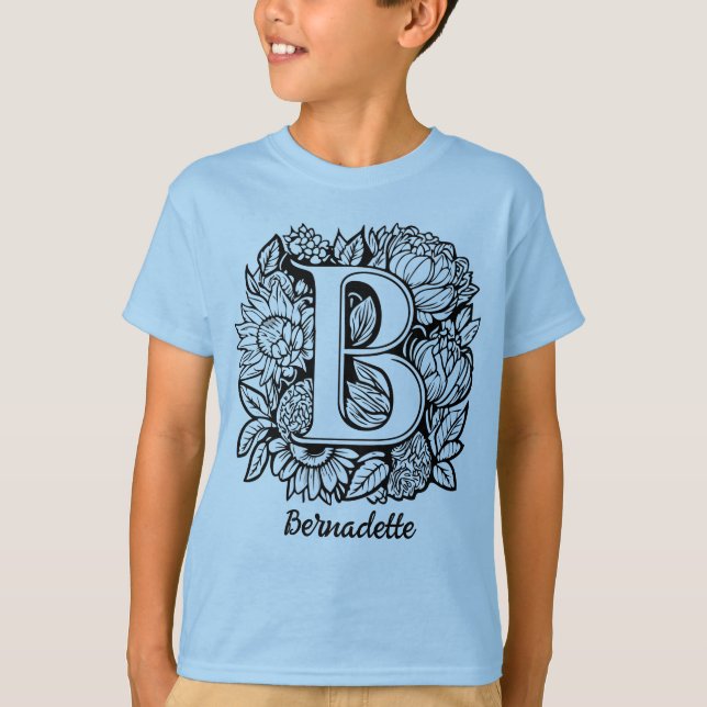 Camiseta Black and White Tattoo Flowers Monogram Letter B (Frente)