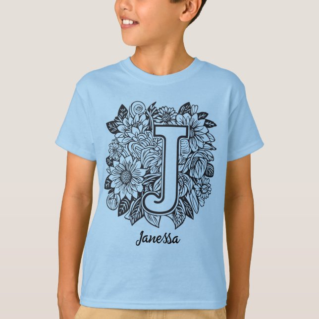 Camiseta Black and White Tattoo Flowers Monogram Letter J (Frente)