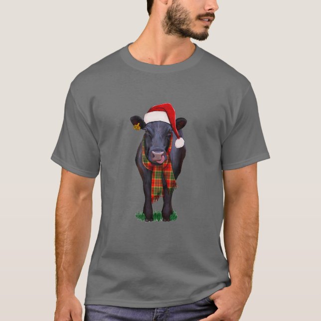 Camiseta Black Angus Cow Santa Hat Natal, Olá Thankm (Frente)