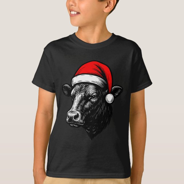 Camiseta Black Angus Rancher Christmas Cow Santa Hat Farmer (Frente)