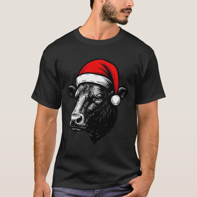 Camiseta Black Angus Rancher Christmas Cow Santa Hat Farmer (Frente)