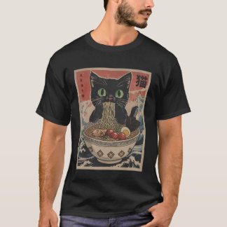 Camiseta Black Anime Cat Ramen Noodles Japanese Funny Kawai