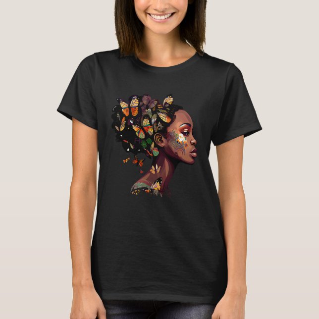 Camiseta Black Beautiful African Queen Butterfly Hair Fun M (Frente)