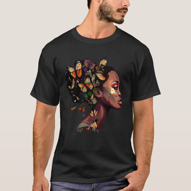 Camiseta Black Beautiful African Queen Butterfly Hair Fun M (Frente)