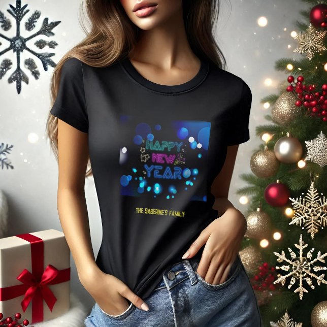Camiseta Black & Blue Midnight Sparkle Neon Glow New Year  (Criador carregado)