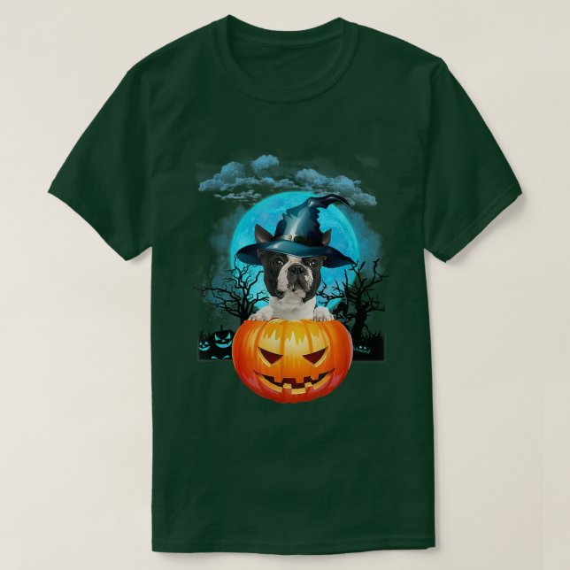 Camiseta Black Boston Terrier Witch Pumpkin And Blue Moon 1 (Frente do Design)