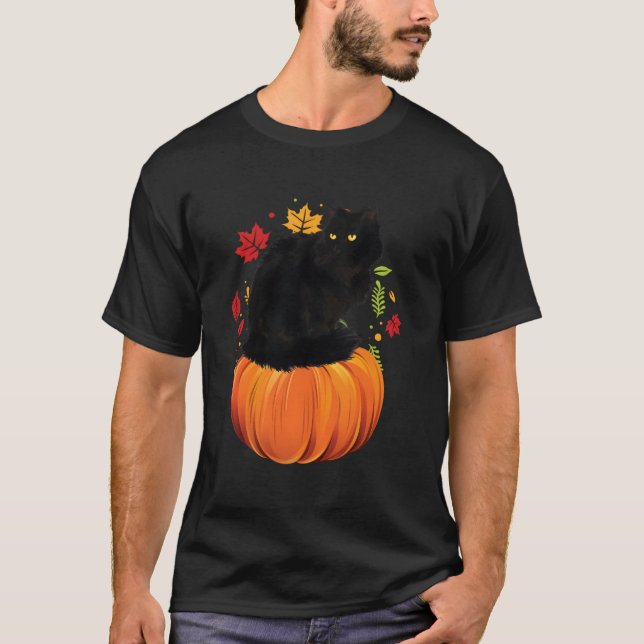 Camiseta Black Cat Autumn Fall Season Pumpkin Thanksgiving  (Frente)