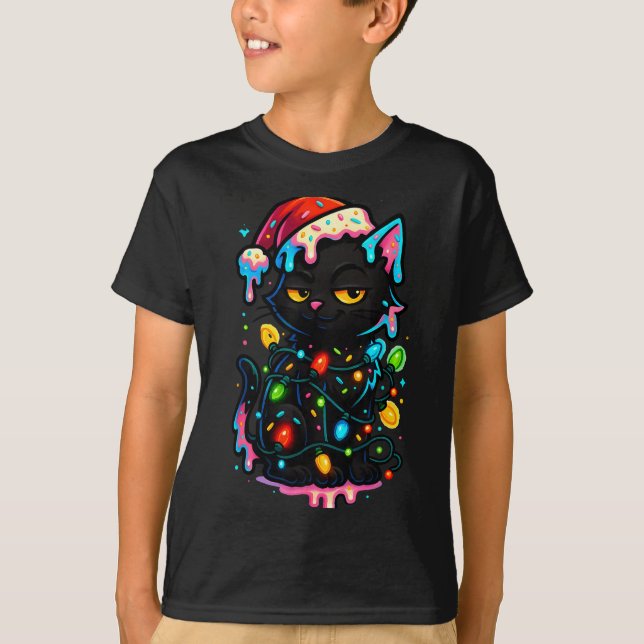 Camiseta Black Cat Christmas Ice Cream Drip Santa Hat Cute  (Frente)