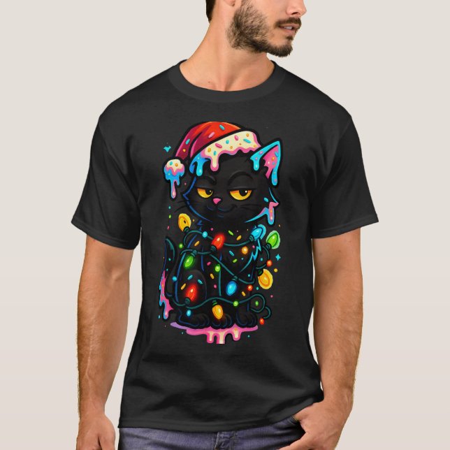Camiseta Black Cat Christmas Ice Cream Drip Santa Hat Cute  (Frente)