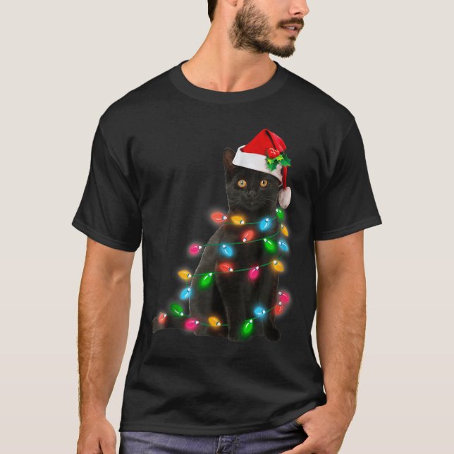 Camiseta Black Cat Christmas Light Cat Lover Christmas  (Frente)