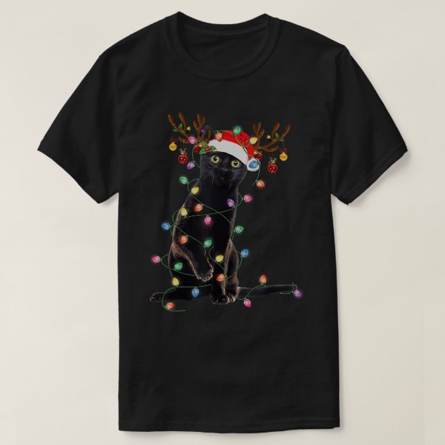 Camiseta Black Cat Christmas Lights Funny Cat Lover Gifts (Frente do Design)
