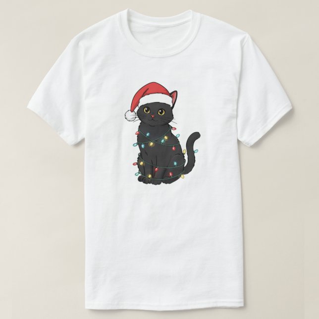 Camiseta Black Cat Christmas Lights – Funny Santa Kitten  (Frente do Design)