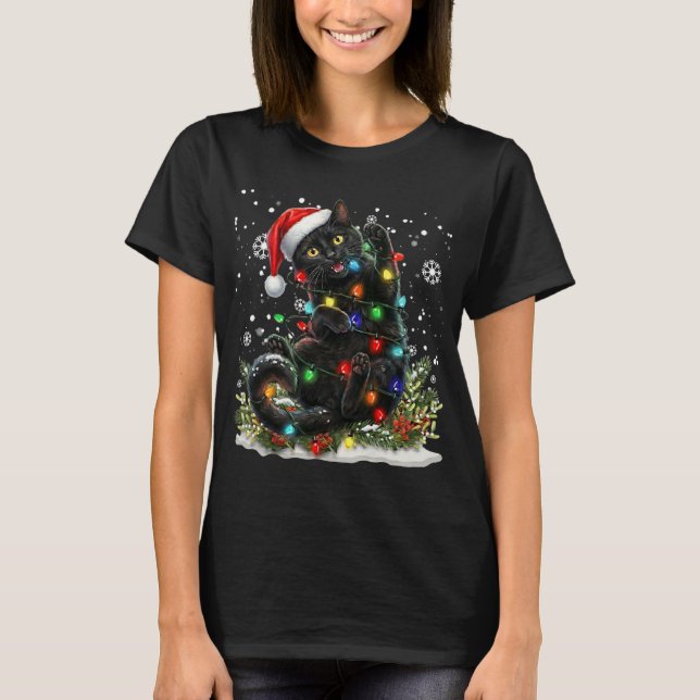 Camiseta Black Cat Christmas Santa Hat Funny Meowy Catmas (Frente)