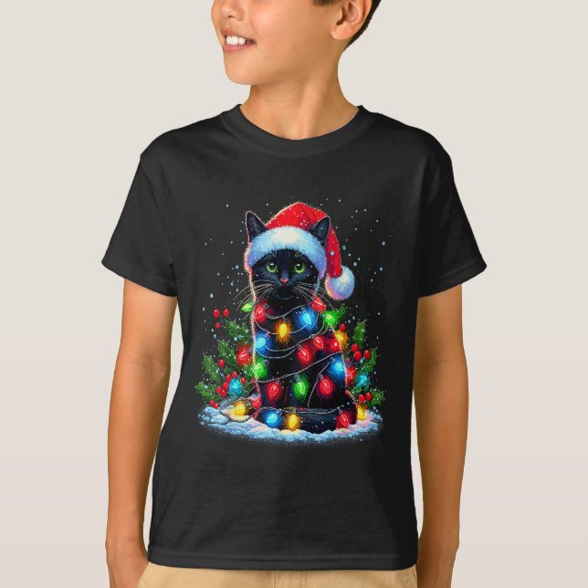 Camiseta Black Cat Christmas Santa Hat Funny Meowy Cats  (Frente)