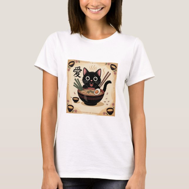 Camiseta Black Cat Eating Ramen, Cute Kawaii Noodle Bowl (Frente)