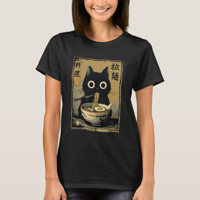 Camiseta Black Cat Eating Ramen Japanese Food Noodle Kitten (Frente)