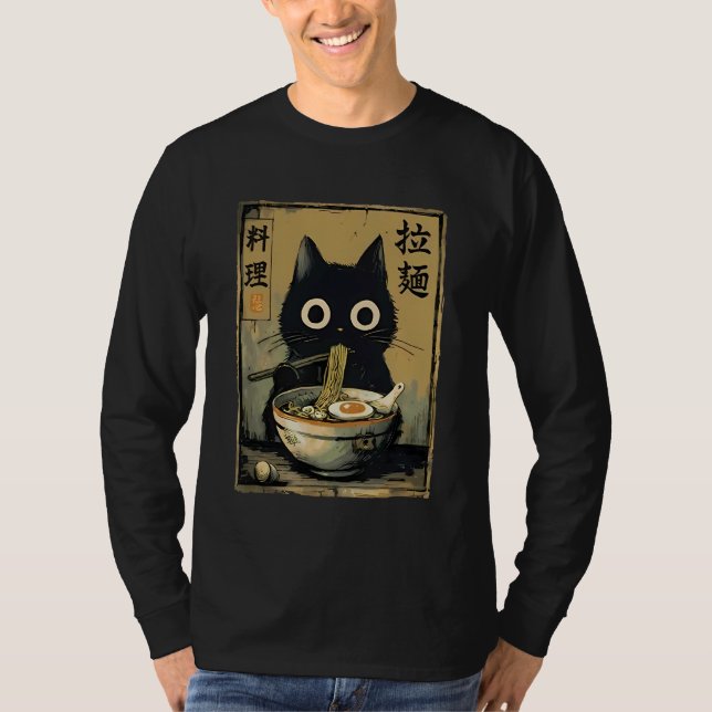 Camiseta Black Cat Eating Ramen Japanese Food Noodle Kitten (Frente)