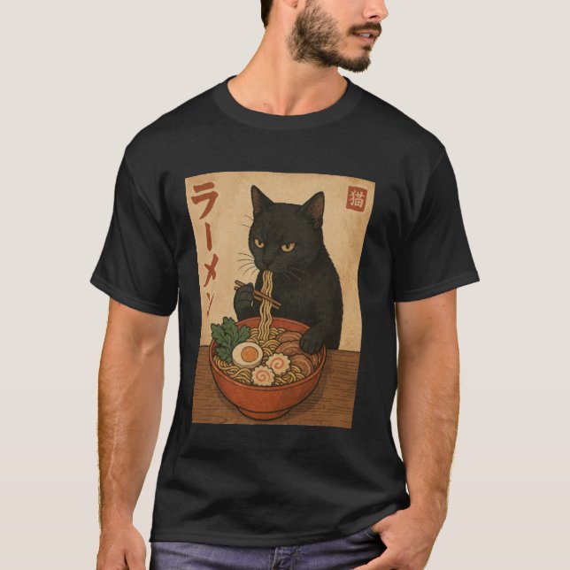 Camiseta Black Cat Eating Ramen Japanese Style Funny Retro  (Frente)
