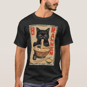 Camiseta Black Cat Eating Ramen Japonês Noodles Comida Post