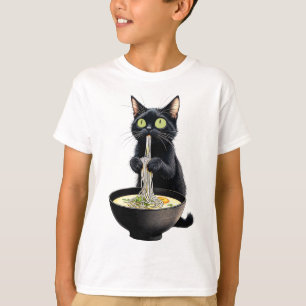 Camiseta Black Cat Eating Ramen Noodles Japonês Comida