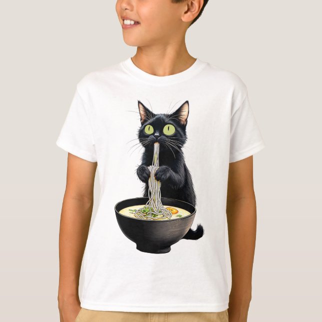 Camiseta Black Cat Eating Ramen Noodles Japonês Comida (Frente)