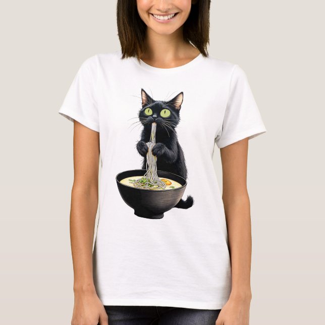 Camiseta Black Cat Eating Ramen Noodles Japonês Comida (Frente)