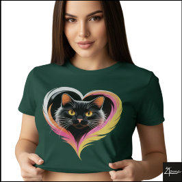 Camiseta Black Cat Feather Heart Neon Pop Art