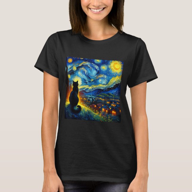 Camiseta Black Cat Funny Cat Lover Mom Daddy Starry Night V (Frente)