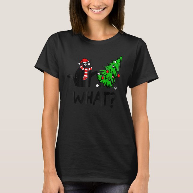 Camiseta Black Cat Gift Pushing Christmas Tree Over Cat Wha (Frente)