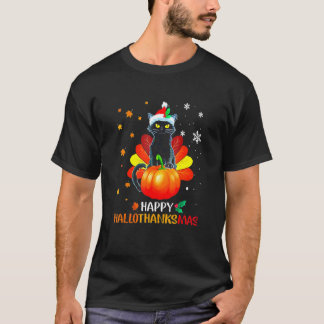 Camiseta Black Cat Halloween And Merry Christmas Happy Hall