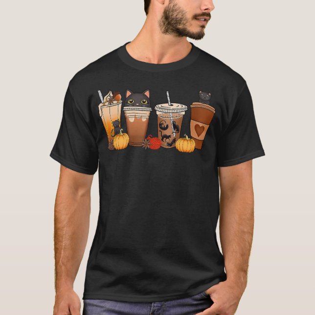 Camiseta Black Cat Halloween Iced Coffee Cups Fall Pumpkin  (Frente)
