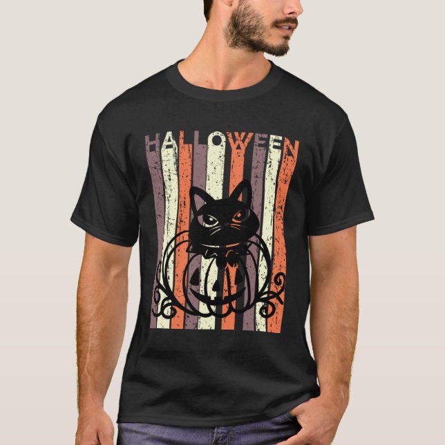 Camiseta Black Cat Halloween Retro Distressed Goth Pumpkin  (Frente)