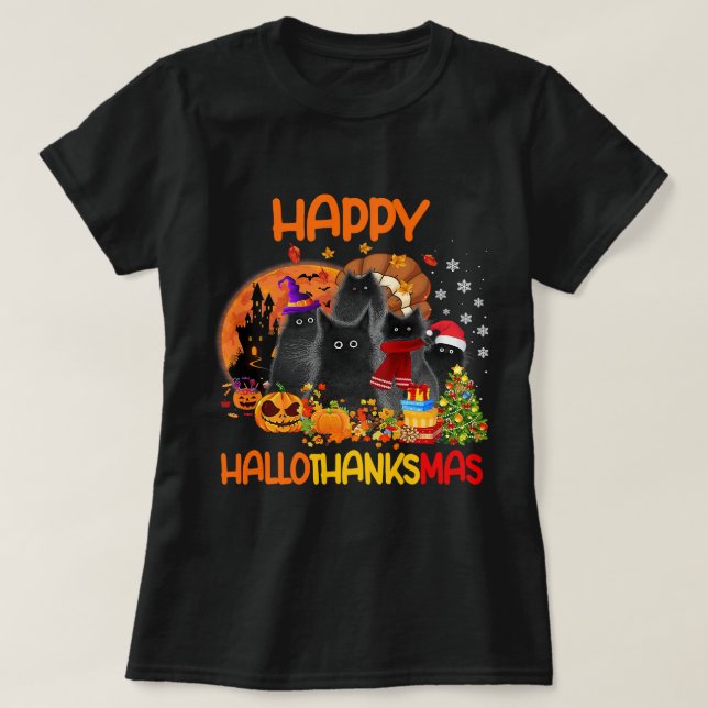 Camiseta Black Cat Happy Hallothanksmas Dia das Bruxas (Frente do Design)
