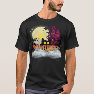 Camiseta Black Cat & Haunted House – Halloween Night Design