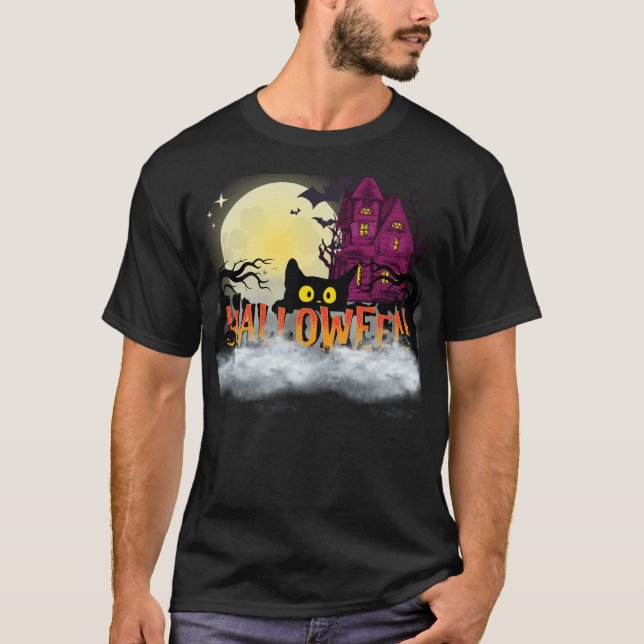 Camiseta Black Cat & Haunted House – Halloween Night Design (Frente)