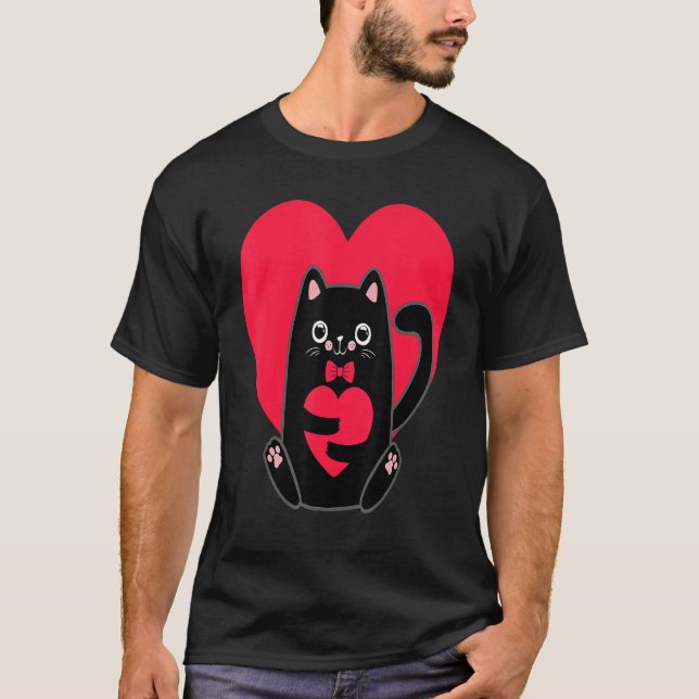 Camiseta Black Cat Heart Valentines Day Cute Kitten Kitty L (Frente)