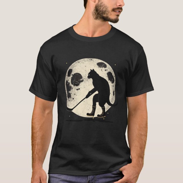 Camiseta Black Cat Hockey Moon Graphic Tees Men Women Boys  (Frente)