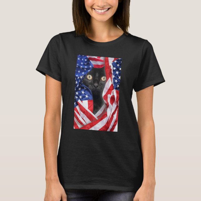 Camiseta Black Cat in USA Flag 4th of July Men Women (Frente)