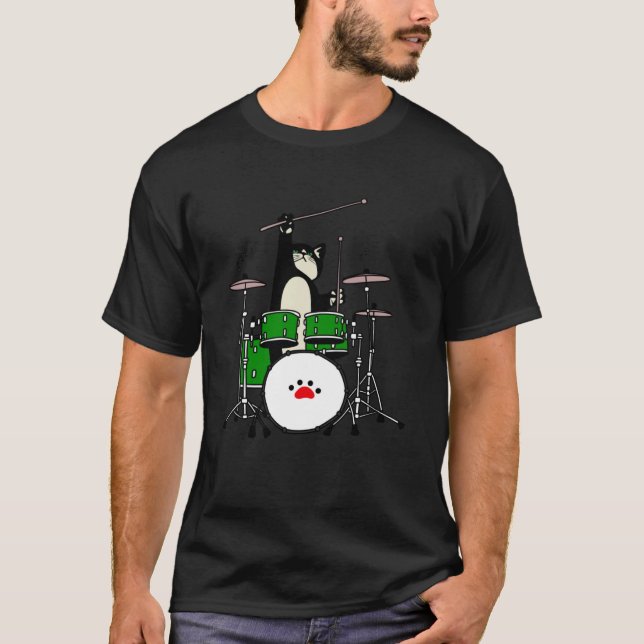 Camiseta Black Cat Jogando Drummer Kitten Musical Son (Frente)