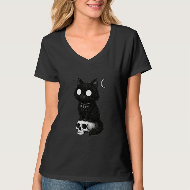Camiseta Black Cat Kitty Skull Creepy Cute Kawaii Goth Witc (Frente)