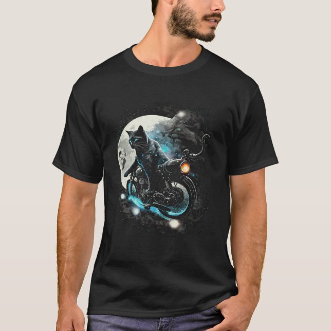 Camiseta Black Cat Motorbike Space Graphic Tees Men Women B (Frente)