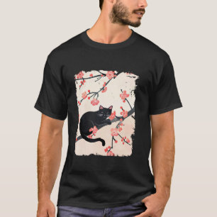 Camiseta Black Cat Nap Engraçado Japonês Cherry Blossom Men