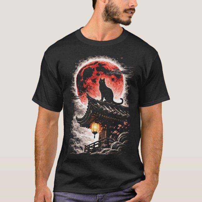 Camiseta Black Cat on Pagoda Roof, Red Moon - Japanese Art (Frente)