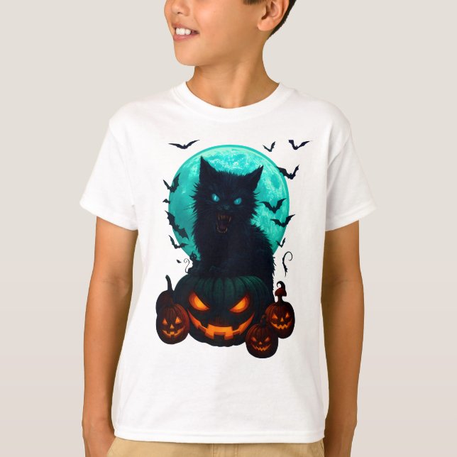 Camiseta Black Cat on Pumpkins under Full Moon – Spooky Hal (Frente)