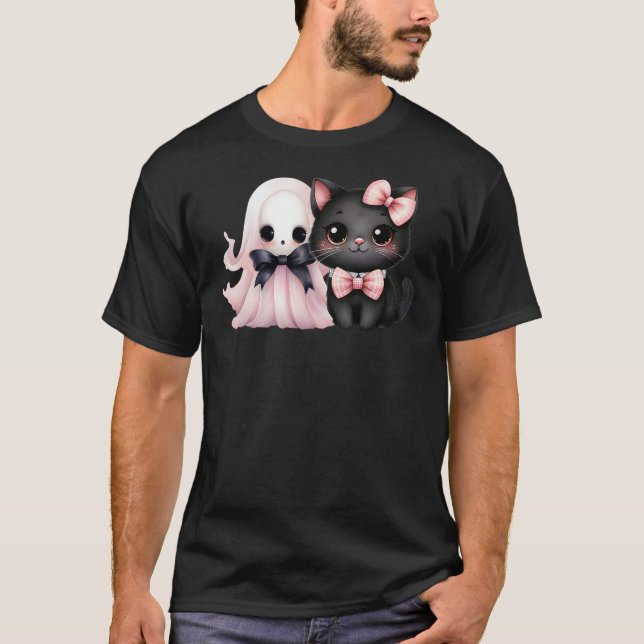 Camiseta Black Cat Pink Ghost Halloween Pink Bows Coquette  (Frente)