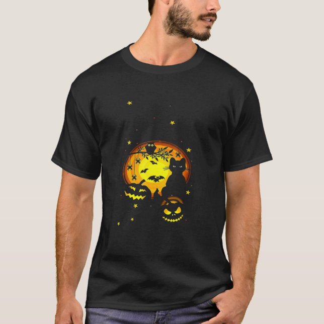 Camiseta Black Cat Pumpkin And Owl Halloween Full Moon Cute (Frente)