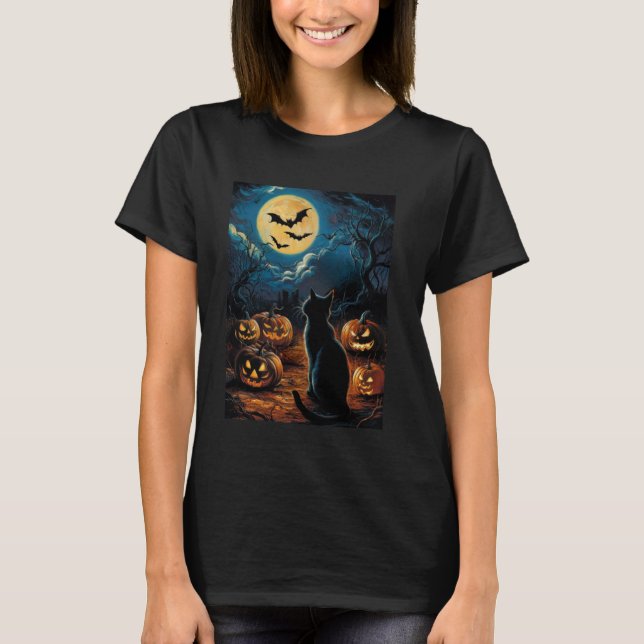 Camiseta Black Cat Pumpkins Bats Halloween - StarNight E (Frente)