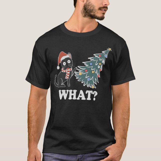 Camiseta Black Cat Pushing Christmas Tree Over Cat What Chr (Frente)