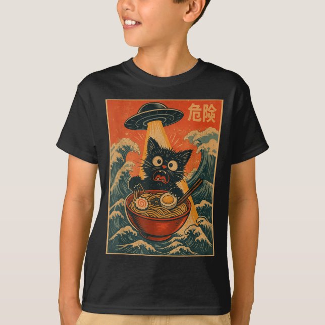 Camiseta Black Cat Ramen Alien Ufo Funny Japanese Kawaii An (Frente)