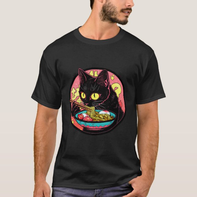 Camiseta Black Cat Ramen Engraçado Pet Japonês Comida (Frente)